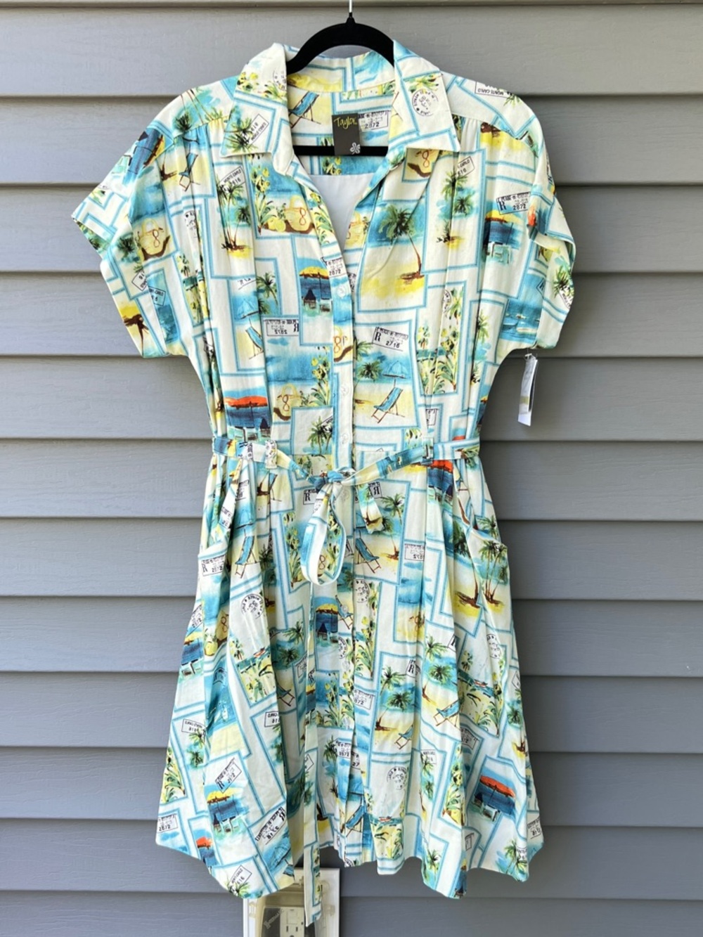 Taylor Linen Blend Fit & Flare Mini Dress Size 14 Belted Pockets Collared Beach
